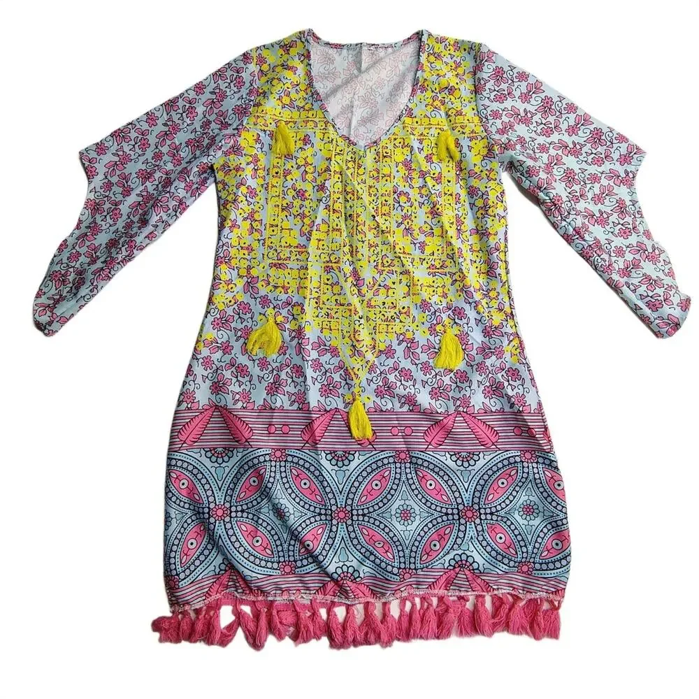 Mislook Tunic Boho Vibrant Eclectri Floral Tassels Fringe Pink Coastal Fairy Cow - Picture 2 of 11